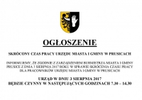 Skrócony czas pracy Urzędu Miasta i Gminy w Prusicach w dniu 3 sierpnia 2017 roku!